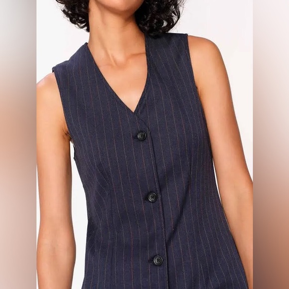 DL1961 Blue V Neck Button Down Pinstripe Sleeveless Vest Mini Dress (Small) - Picture 3 of 7